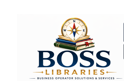 BOSS Libraries — Business Operator Solutions & Services. A compass with a red north arrow rests on a stack of books.
